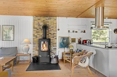 a living room with a wood stove in a kitchen at BL1677-Saltum-Sikahjortvej-6 in Saltum