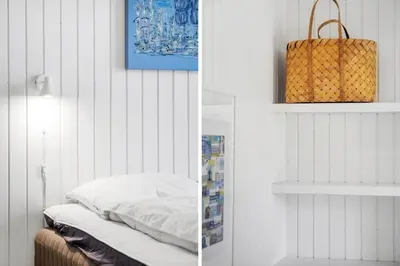 two pictures of a bedroom with a bed and a basket at BL1756-Blokhus-Bregnehojvej-7-A in Blokhus