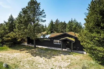 a black house in the middle of some trees at BL1756-Blokhus-Bregnehojvej-7-A in Blokhus