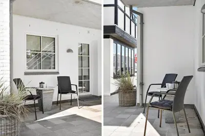two images of a patio with chairs and a table at BL1520-Blokhus-Klitgaardsvej-3-B in Blokhus