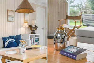two pictures of a living room with a table and a living room at BL1152-Blokhus-Septimusvej-28 in Blokhus