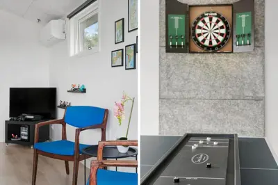 two pictures of a living room with a dart board at BL1377-Blokhus-Valmuemarken-37 in Blokhus