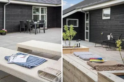 two pictures of a patio with a table and chairs at BL1355-Blokhus-Ribergaardsvej-24 in Blokhus