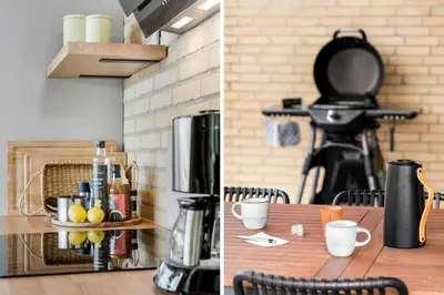 two pictures of a kitchen with a table and a coffee maker at BL1232-Blokhus-Pirupvejen-91 in Blokhus