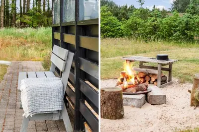 a table and a chair next to a fire pit at BL1399-Saltum-Laustvej-30 in Saltum