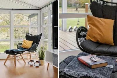 two pictures of a living room with a couch and a chair at BL1713-Blokhus-Ingersvej-8 in Blokhus
