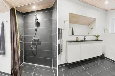 two images of a bathroom with a shower and a sink at BL1713-Blokhus-Ingersvej-8 in Blokhus