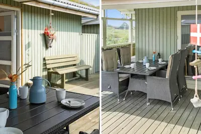 a patio with a table and chairs on a deck at BL1448-Pandrup-Hunetorp-Klitvej-215 in Pandrup