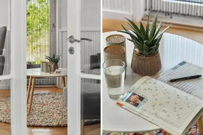 two pictures of a table with a plant and a newspaper at BL1550-Blokhus-Poppelvej-10 in Blokhus