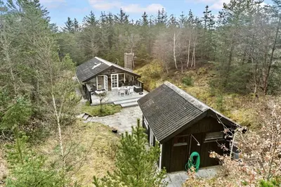 an aerial view of a small house in the woods at BL353-Blokhus-Kragebak-1 in Blokhus