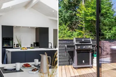 two pictures of a kitchen and a stove in a kitchen at BL1465-Blokhus-Bag-Hojen-8-c in Blokhus