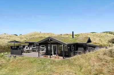 a black house with a grass roof at BL1383-Saltum-Foraarsvangen-18 in Saltum
