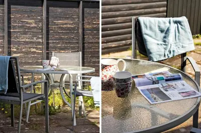 two pictures of a table and a chair with a towel at BL1208-Saltum-Tippen-10 in Saltum