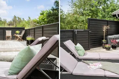 two pictures of a patio with chairs and a fence at BL1610-Blokhus-Soren-Petersvej-20 in Blokhus