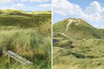 two pictures of a hill with a bench in the grass at BL1661-Saltum-Klitrosevej-11 in Saltum