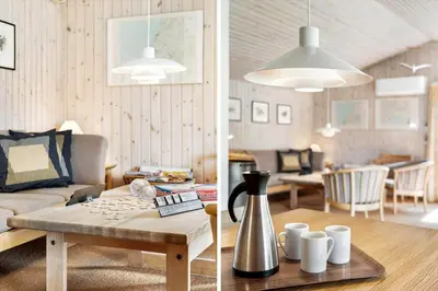 two pictures of a living room with a couch and a table at BL1394-Pandrup-Tunen-2 in Pandrup