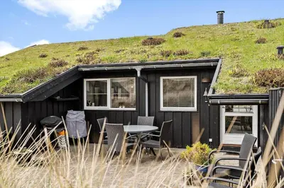 a black tiny house with a grassy hill behind it at BL168-Saltum-Taarnfalkevej-11 in Saltum