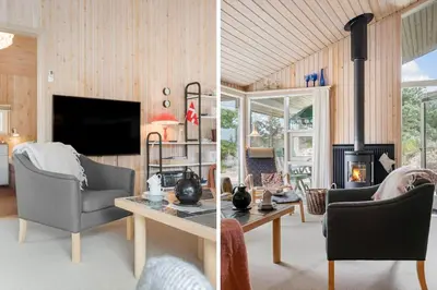two pictures of a living room with a fireplace at BL1202-Saltum-Revlingevej-6 in Saltum
