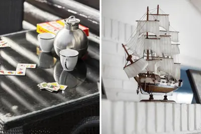 a table with a pirate ship toy and two cups at BL1284-Blokhus-Tyttebaervej-4 in Blokhus