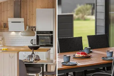 two pictures of a kitchen and a table with food on it at BL1288-Saltum-Tolhoj-48 in Saltum