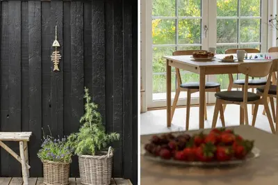 two pictures of a dining room with a table and a table with fruit at BL1109-Blokhus-Bag-Hojen-78 in Blokhus