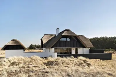 a house with a thatched roof in a field at 258-Harboore-Merchantvej-5 in Harboør