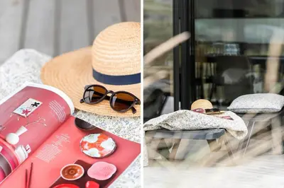 two pictures of a table with a hat and sunglasses at 336-Harboore-Hvilehjemsvej-23 in Harboør