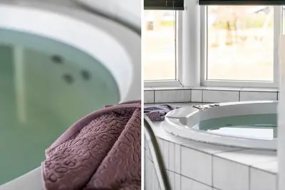 two pictures of a bathroom with a tub and a sink at 159-Harboore-Alkajavej-6 in Harboør