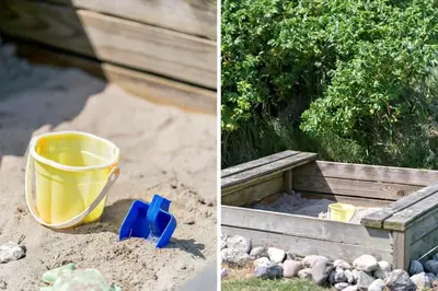 two pictures of a sandbox with a bucket in the sand at 286-Harboore-Neerlandiavej-198 in Harboør