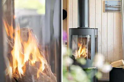 a stove with a fire inside of it at 286-Harboore-Neerlandiavej-198 in Harboør