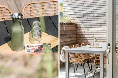 two pictures of a table and a green vase at 265-Harboore-Lucievej-6-b in Harboør
