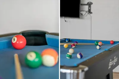 two pictures of a pool table with balls and cue at 203-Harboore-Viktoriavej-3 in Harboør