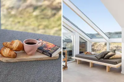 two pictures of a room with a coffee cup and bread at 254-Harboore-Vejlby-Klit-251 in Harboør