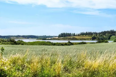 a field of grass with a lake in the background at 301-Harboore-Themisvej-11 in Harboør