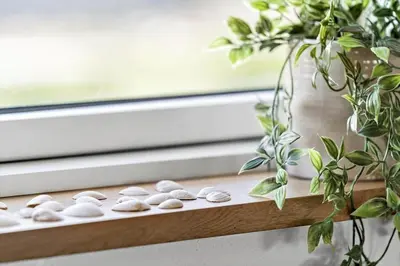 a tray of pebbles on a window sill with a plant at 272-Harboore-Neerlandiavej-196 in Harboør