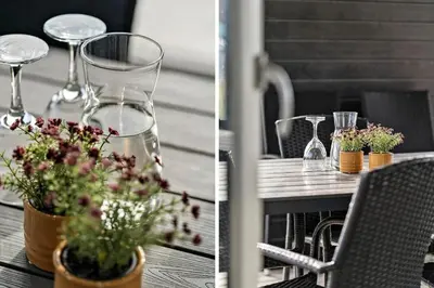 two pictures of wine glasses and a table with plants at 252-Harboore-Amazonevej-6 in Harboør