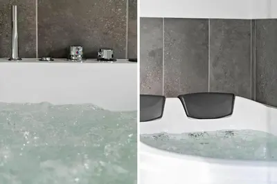 two pictures of a bathroom with a bath tub with glasses at 252-Harboore-Amazonevej-6 in Harboør