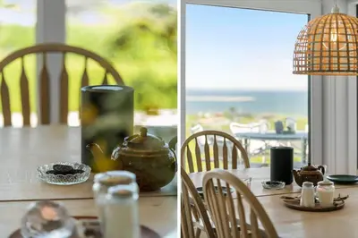two pictures of a table with a view of the ocean at G302-Lemvig-Skovstjernevej-2 in Lemvig