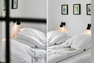 two pictures of a bed with white sheets and a book at G103-Lemvig-Klovervej-3 in Lemvig