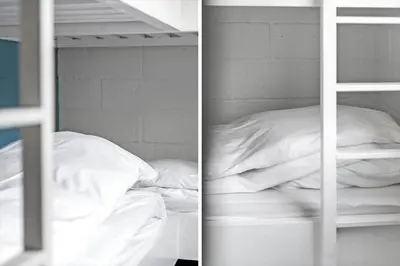 two pictures of a bed and a book shelf at G113-Lemvig-Nellikevej-13 in Lemvig