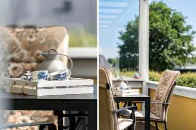 two pictures of a table with a tea pot and a window at G171-Lemvig-Porsevej-71 in Lemvig