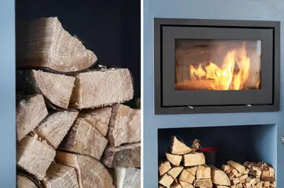 two pictures of a fireplace and a pile of fire wood at 237-Harboore-Neerlandiavej-17 in Harboør
