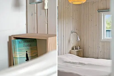 two pictures of a bedroom with a book and a bed at 273-Harboore-Neerlandiavej-146 in Harboør