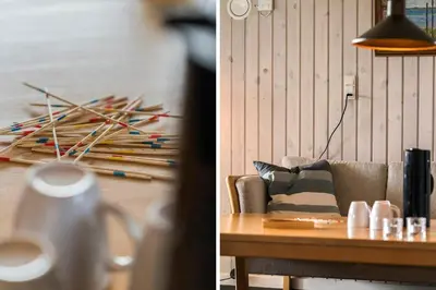 two pictures of a living room with a couch and a table at 138-Harboore-Neerlandiavej-6 in Harboør
