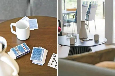 two pictures of a table with a coffee mug and playing cards at G246-Lemvig-Skovstjernevej-57 in Lemvig