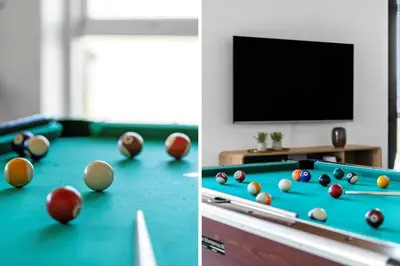 two pictures of a pool table with balls on it at 305-Harboore-Arcticvej-6 in Harboør