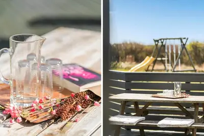 two pictures of a table with a vase and a table with flowers at 259-Harboore-Vejlby-Klit-129 in Harboør