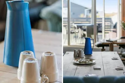 two pictures of a table with a blue vase at 259-Harboore-Vejlby-Klit-129 in Harboør