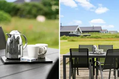 two pictures of a table with a tea kettle and cups at 187-Harboore-Neerlandiavej-1 in Harboør