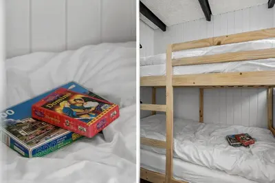 two pictures of a bunk bed with books on it at 226-Harboore-Nautilusvej-5 in Harboør